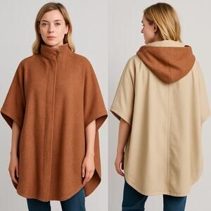 1960s Reversible Hooded Cape Coat Brown Tweed & Tan Canvas Made in USA one size